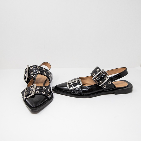 Ganni Wide Welt Buckle Faux Leather Pointed Toe Ballerina Flats Shoes Black 9 - Picture 1 of 4